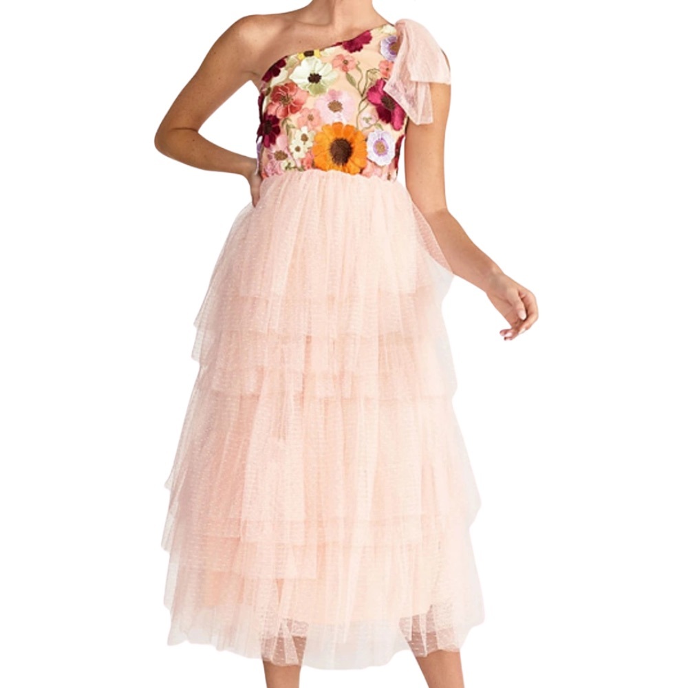 Just Me Tulle Floral Dress – NWT – L - One Shoulder Blush Pink Formal & Romantic